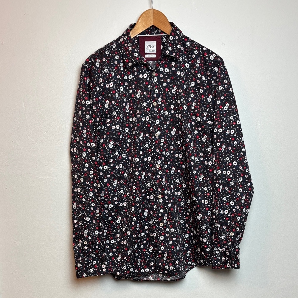 Zara Slim Fit Men’s Black Floral Button Down Long Sleeve Shirt Large